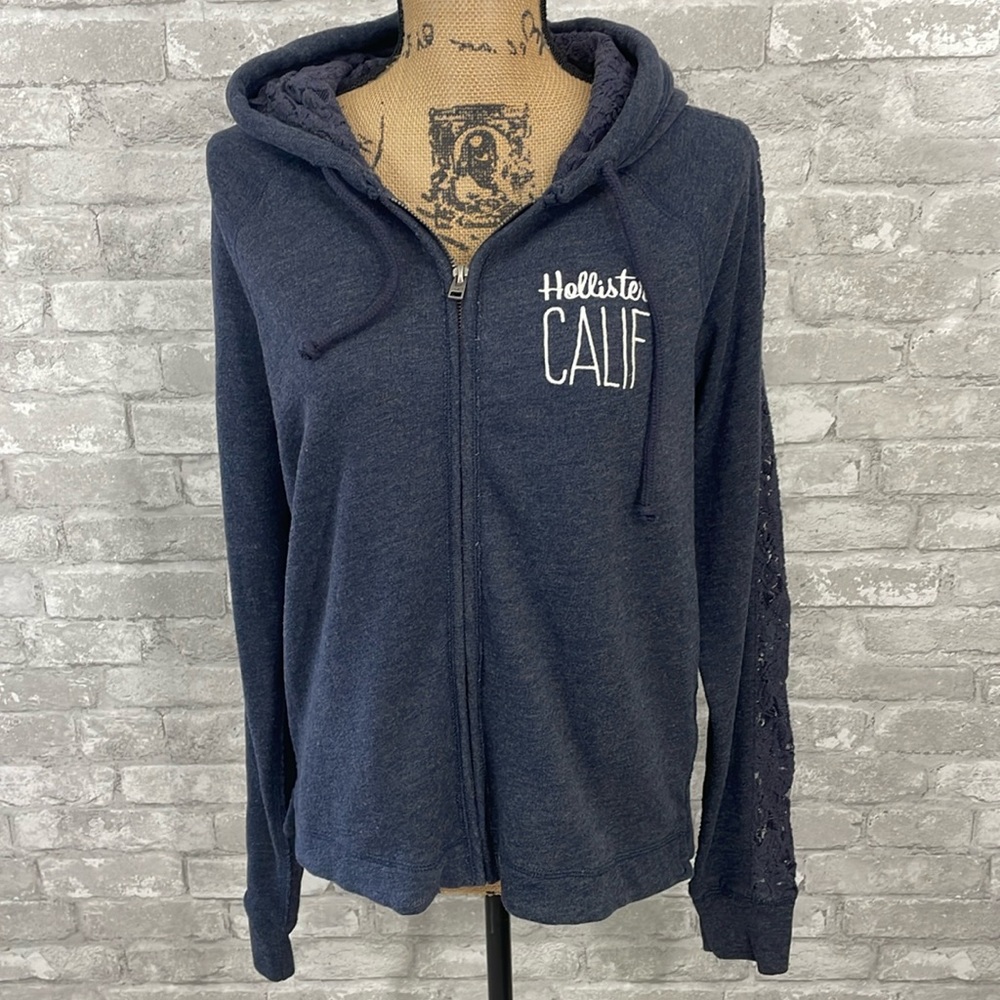 Hollister Navy Zip-Up Hoodie with 'CALIF' Chest Print